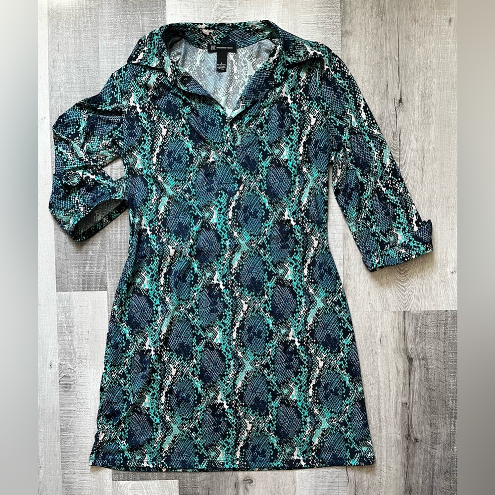INC Reptile Print Collared Shirt Dress Size L